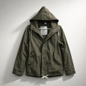 DIVIDED Men’s Green Hooded Jacket Cotton Belted Waist Jean Jacket Zippered Front